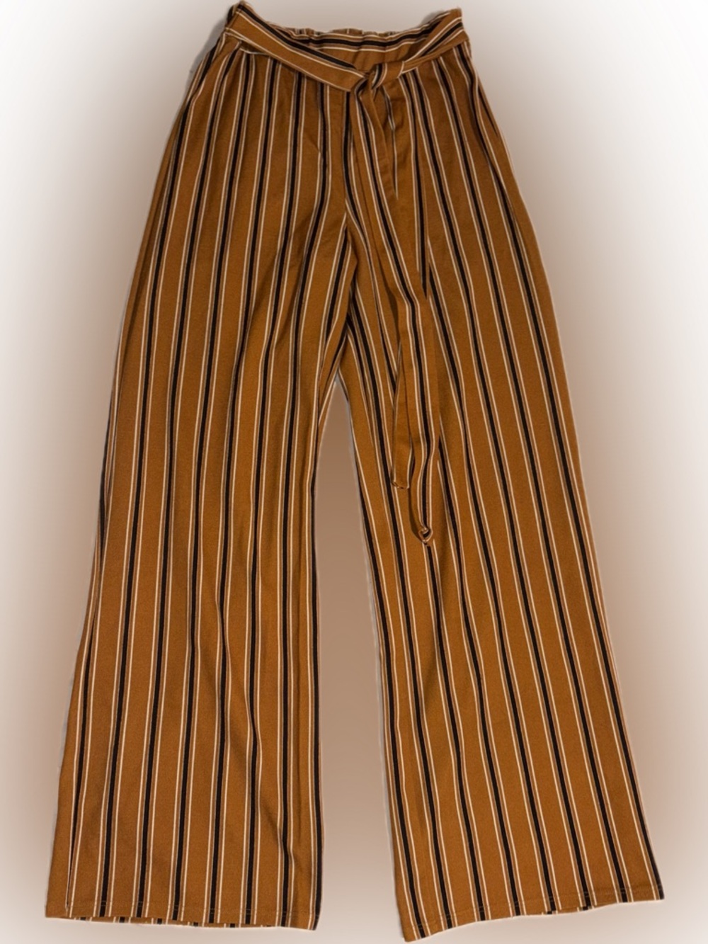 Striped Wide-Leg Tie-Waist Pants — Mustard Brown Stripe
